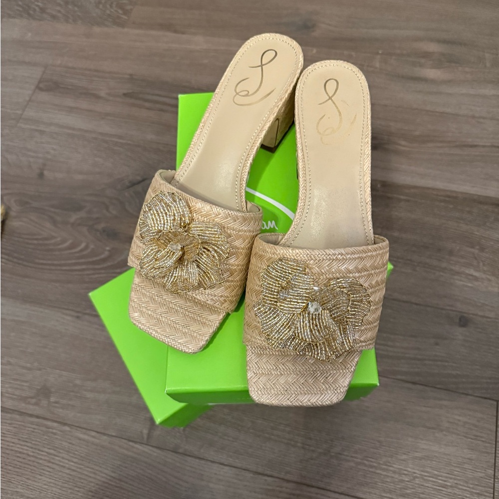 Sam Edelman Tan Mules with Gold Accents.  Winsley Raffia Mule.